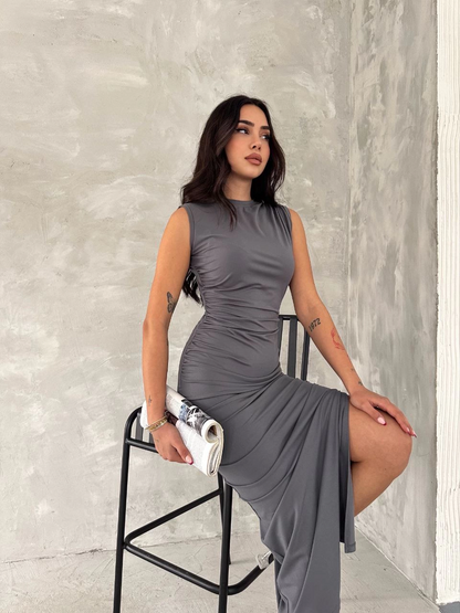 Sleeveless Slit Long Maxi Dress - Grey
