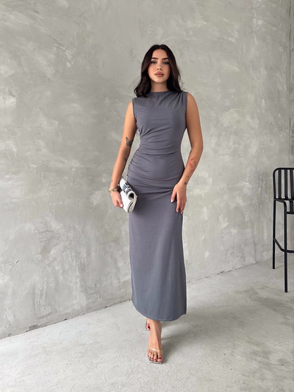 Sleeveless Slit Long Maxi Dress - Grey