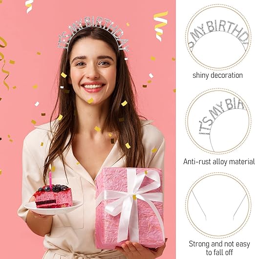 Kristal Taşlı Gümüş Renk İt's My Birthday Yazılı Doğum Günü Parti Tacı 14x16 cm (5347)
