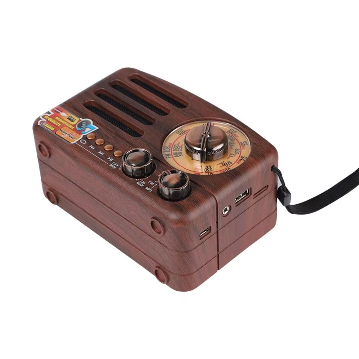 راديو صغير الحجم بتصميم عتيق، خشبي، بلوتوث، قابل للشحن، محمول مع مقبض كبير قابل للدوران ويدعم موجات FM/AM موديل NS3380 (5347)