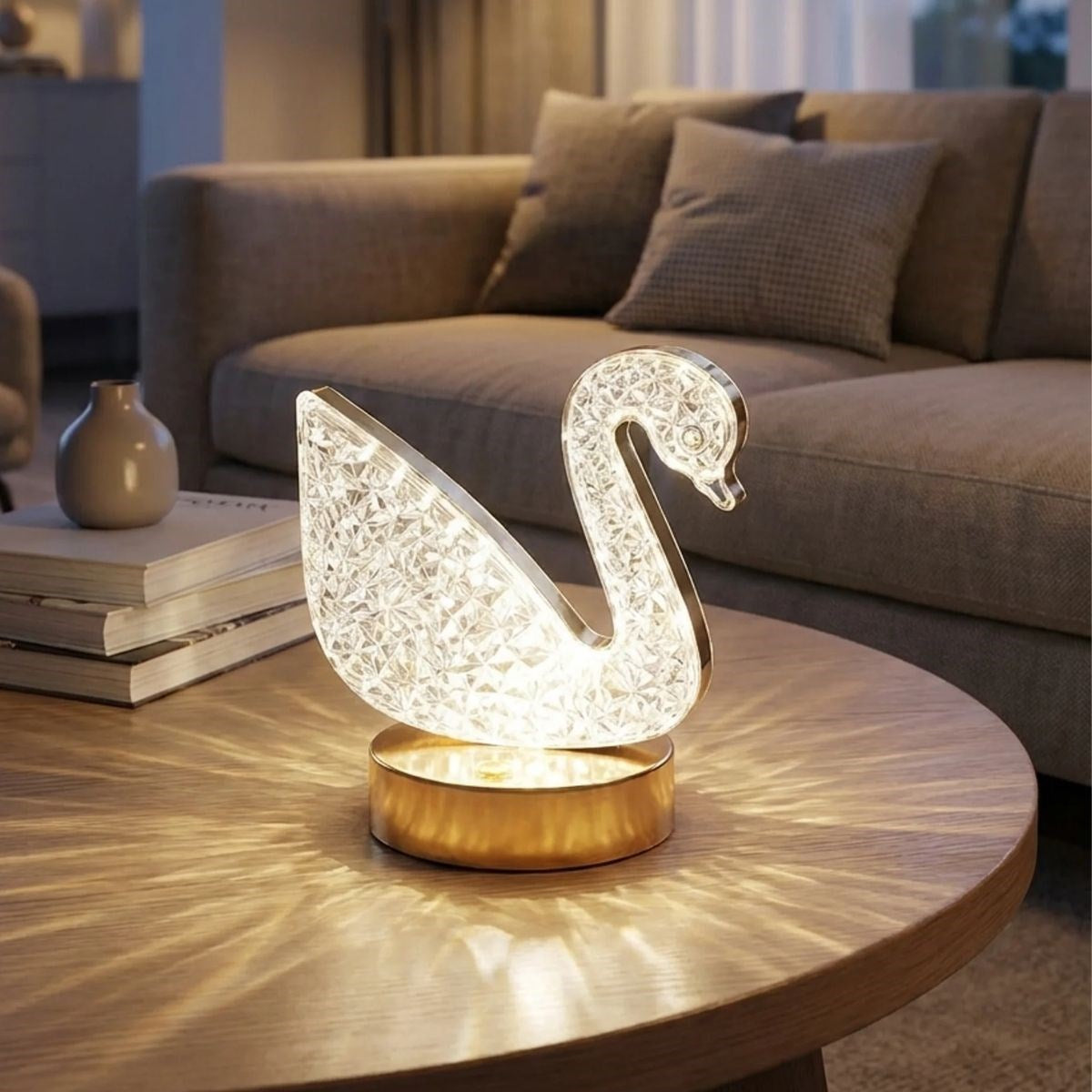 Kuğu Model Kristal LED Masa Lambası - Dokunmatik, 3 Renk Işık Modlu, Şarjlı Mini Dekoratif Gece Lambası (5347)