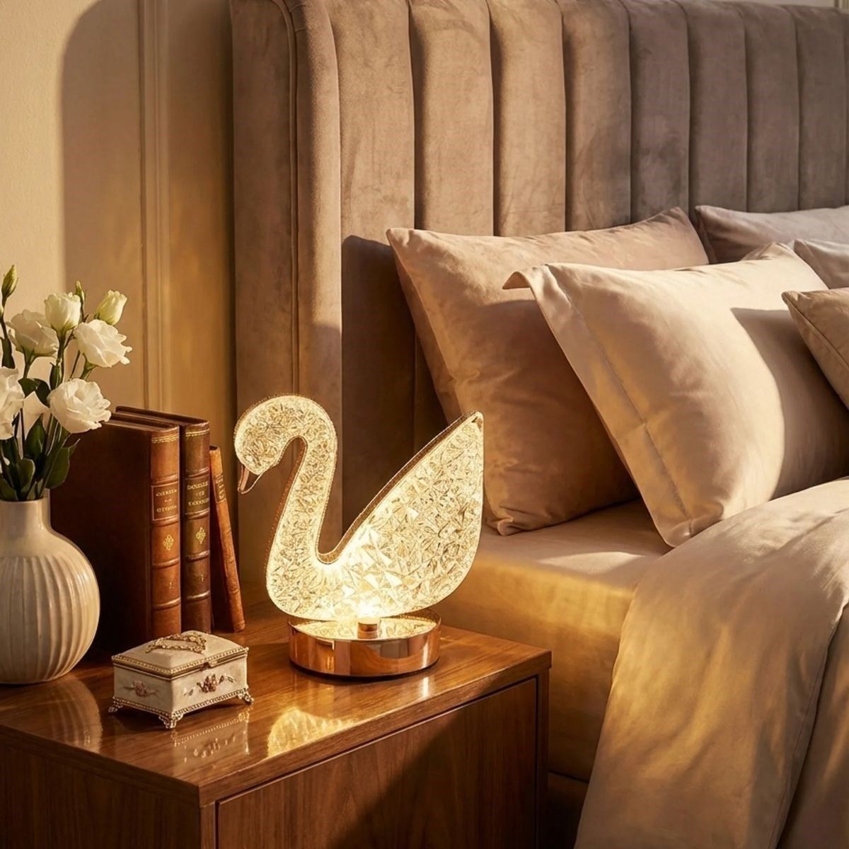 Kuğu Model Kristal LED Masa Lambası - Dokunmatik, 3 Renk Işık Modlu, Şarjlı Mini Dekoratif Gece Lambası (5347)