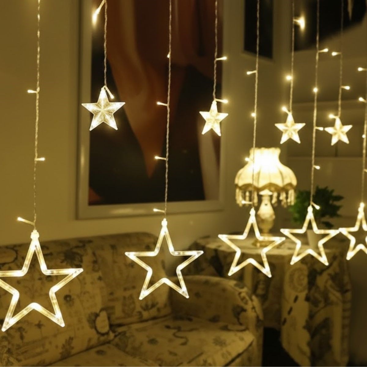 Kumandalı Yıldız Figürlü 12 Sarkıtlı 120 LED Uzaktan Kumandalı Dekor Işık - Masaüstü ve Ortam Aydınlatması (5347)