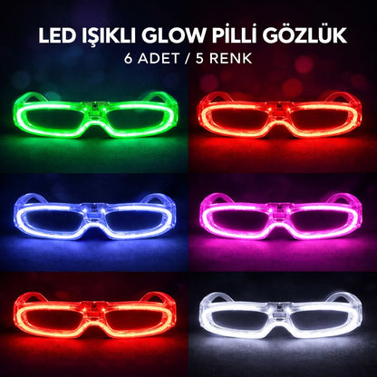 LED Işıklı Glow Pilli Parti Gözlüğü - Glow Efektli 6 Adet 5 Renk (5347)