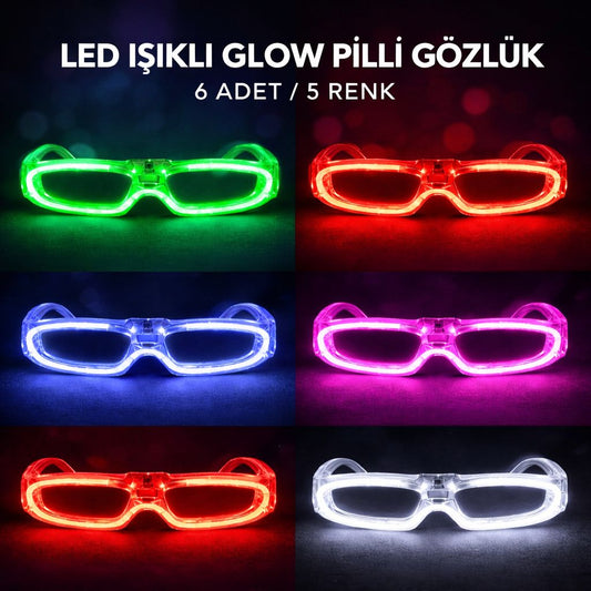 LED Işıklı Glow Pilli Parti Gözlüğü - Glow Efektli 6 Adet 5 Renk (5347)