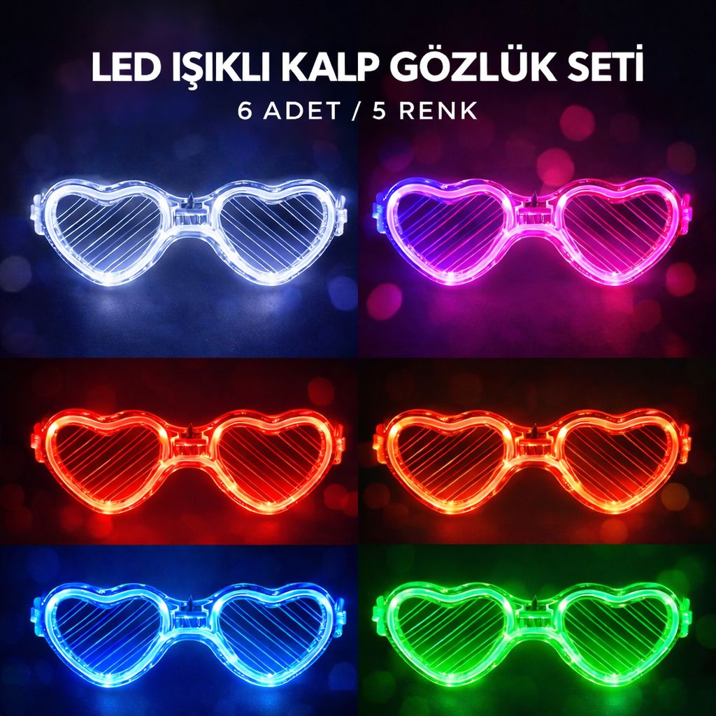 LED Işıklı Kalp Glow Pilli Parti Gözlüğü - 6 Adet / 5 Renk Set (5347)
