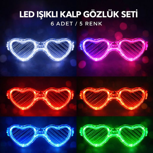 LED Işıklı Kalp Glow Pilli Parti Gözlüğü - 6 Adet / 5 Renk Set (5347)