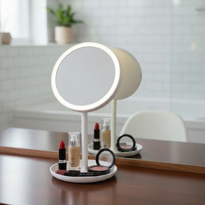 مرآة مكياج مستديرة بإضاءة LED - مرآة مكياج وعناية بالبشرة احترافية دوارة 360 درجة مع إضاءة تعمل باللمس قابلة للتعديل (5347)