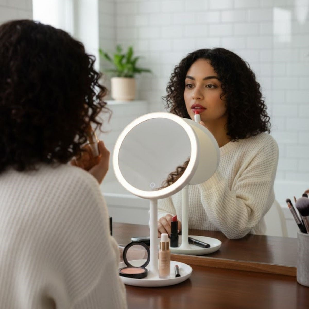 مرآة مكياج مستديرة بإضاءة LED - مرآة مكياج وعناية بالبشرة احترافية دوارة 360 درجة مع إضاءة تعمل باللمس قابلة للتعديل (5347)