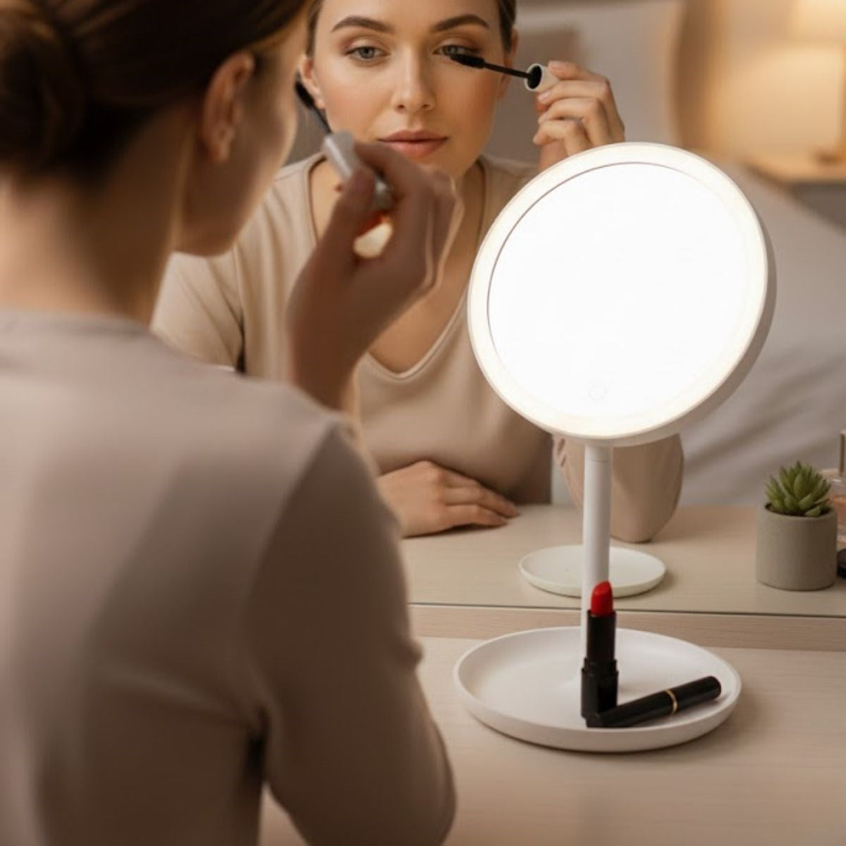 مرآة مكياج مستديرة بإضاءة LED - مرآة مكياج وعناية بالبشرة احترافية دوارة 360 درجة مع إضاءة تعمل باللمس قابلة للتعديل (5347)