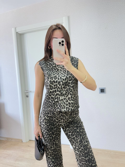 Leopard Print Buttoned Blouse and Pants Two-Piece Set -Leopard