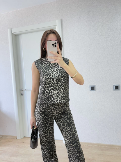 Leopard Print Buttoned Blouse and Pants Two-Piece Set -Leopard