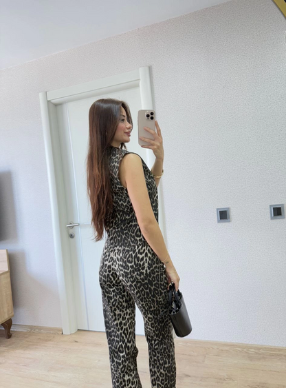 Leopard Print Buttoned Blouse and Pants Two-Piece Set -Leopard