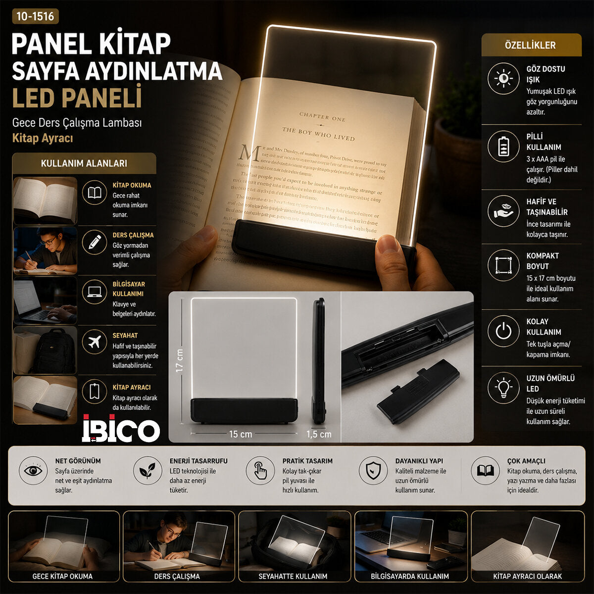 LIGHT PANEL KİTAP SAYFA AYDINLATMA LED PANELİ KİTAP OKUMA PİLLİ 15X17CM İ10-027 (5347)