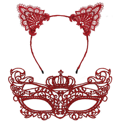 Luxury Red Lace Crown Mask Set No. 2 - Party, Ball, Costume Accessory (5347)