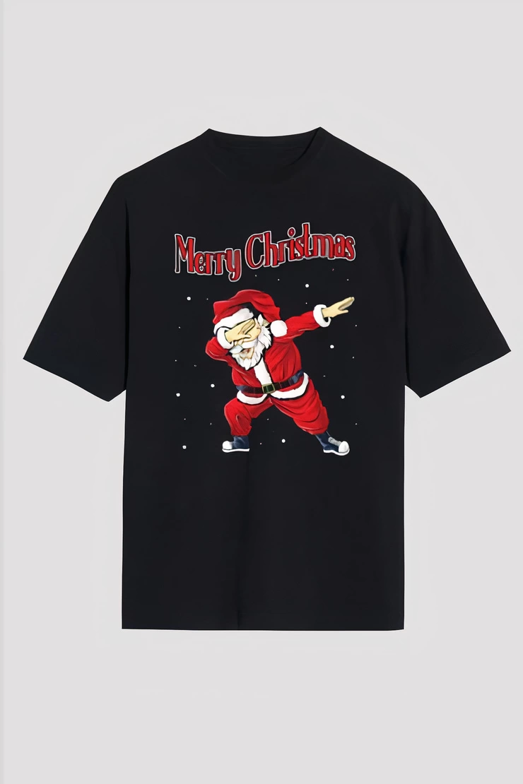 تي شيرت بطباعة Merry Christmas وبابا نويل - أسود