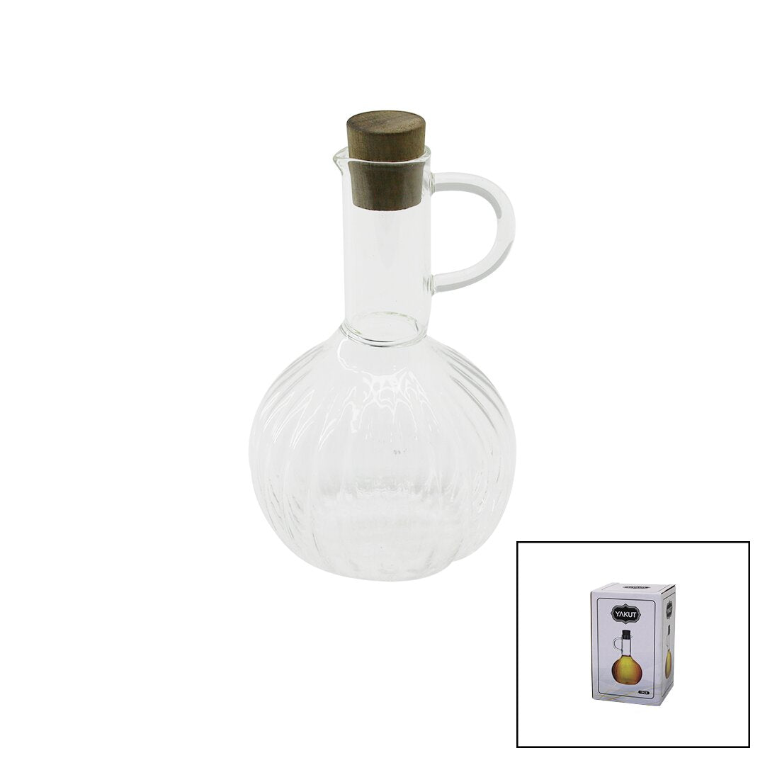 MİNİ CAM YAĞDANLIK ÇİZGİLİ DESEN 300ML AHŞAP BAMBU MANTAR TIPA (5347)