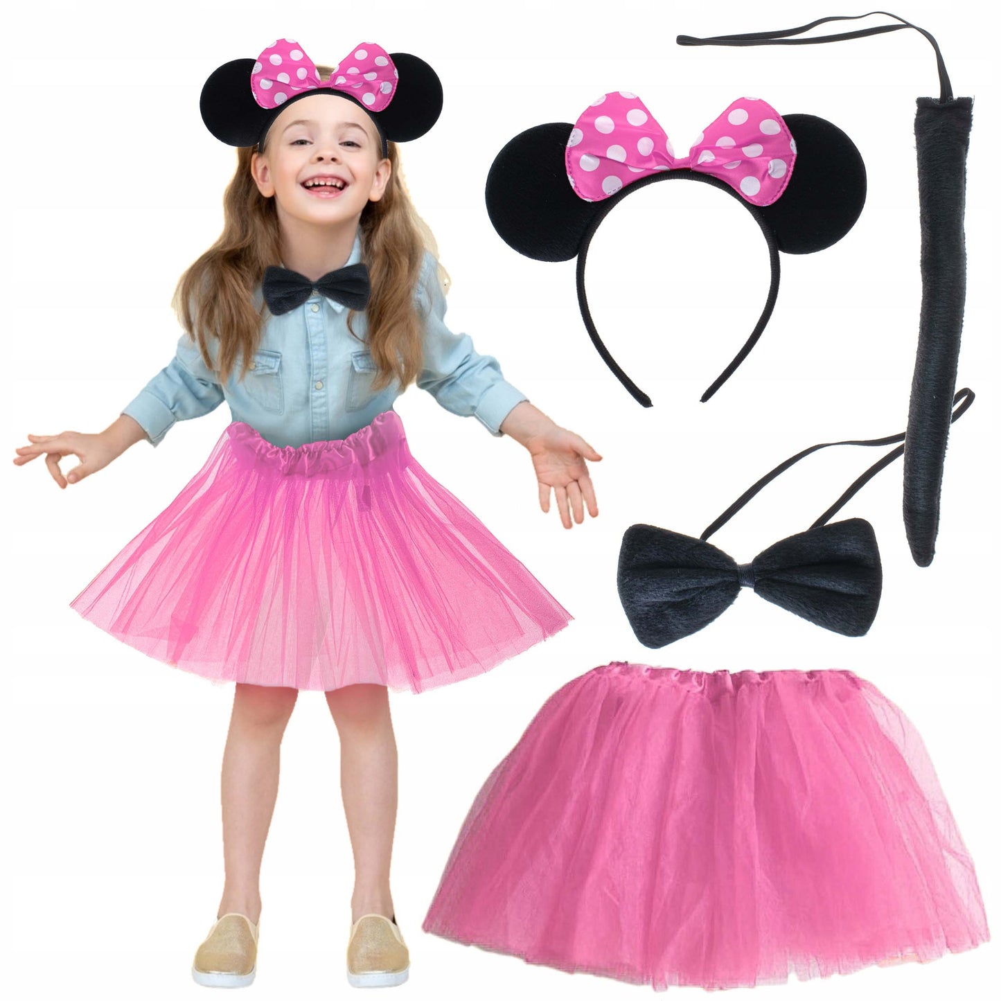 Minnie Kostüm Seti (Pembe Tütü Etek + Pembe Taç + Papyon + Kuyruk) (5347)