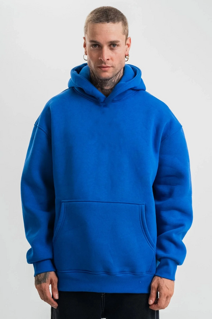 Men's Royal Blue Double Oversize 3-Thread Cotton Hooded Kangaroo Pocket Sweatshirt Hoodie - Royal Blue