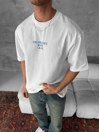 Front and Back Printed Oversized Crew Neck T-Shirt - White