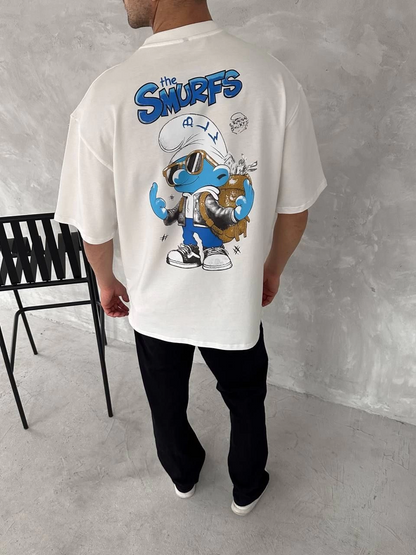 Front and Back Printed Oversized Crew Neck T-Shirt - White