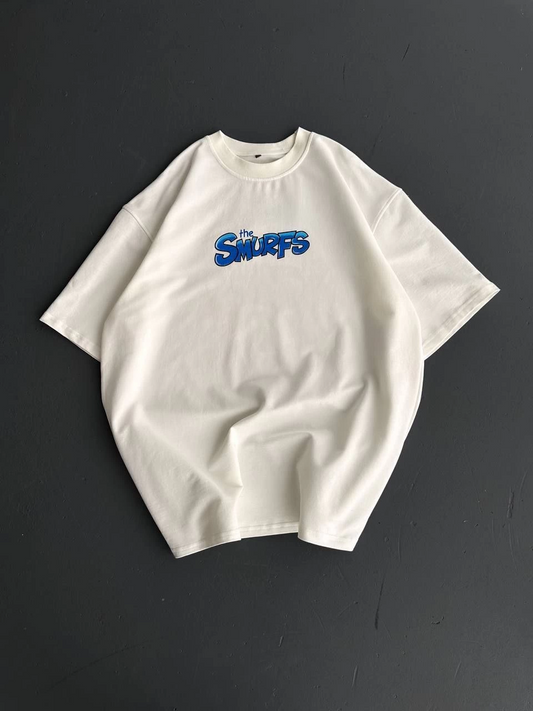 Ön ve Arka Baskılı Oversize Bisiklet Yaka T-shirt- Beyaz