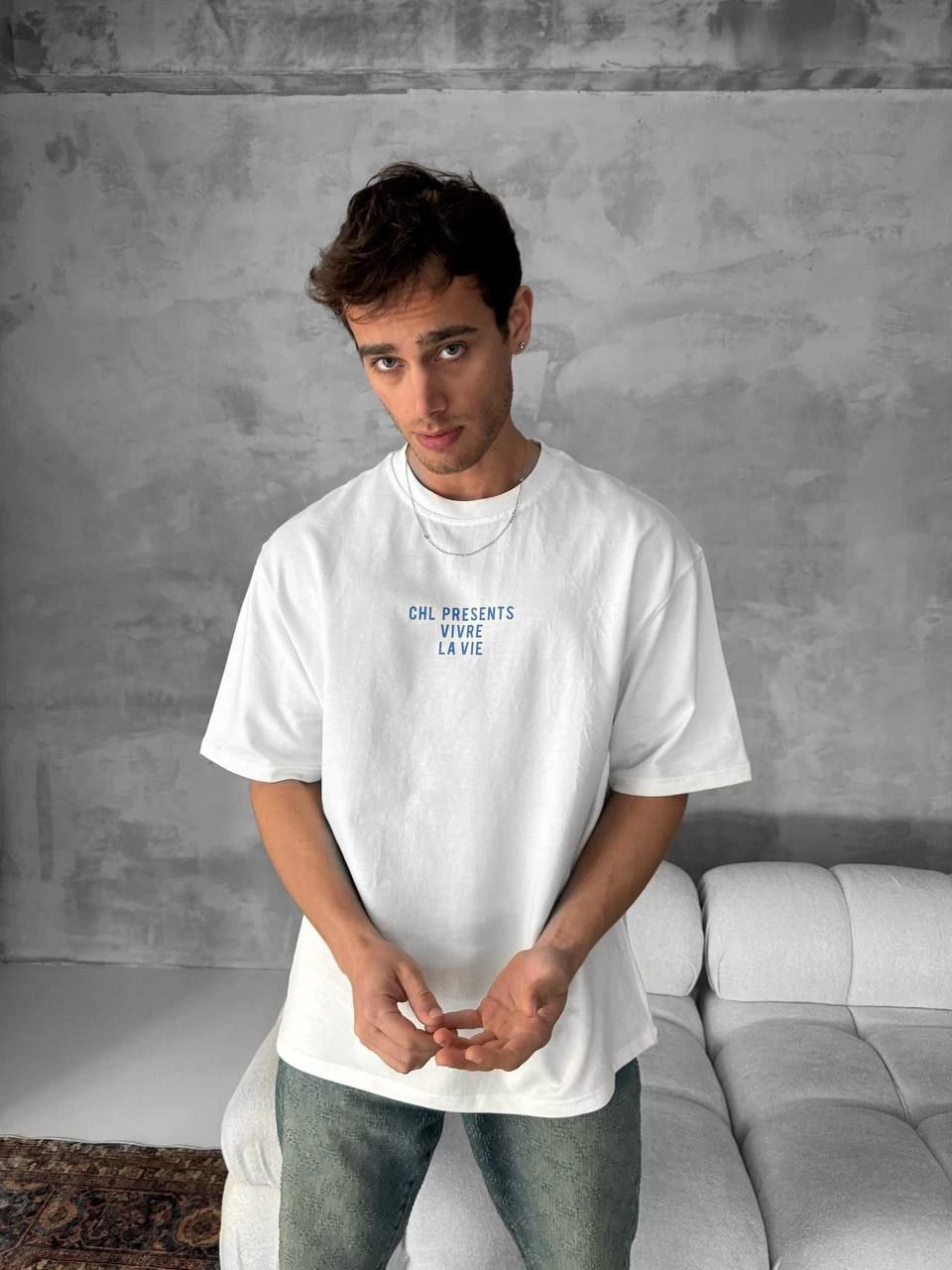 Front and Back Printed Oversized Crew Neck T-Shirt - White