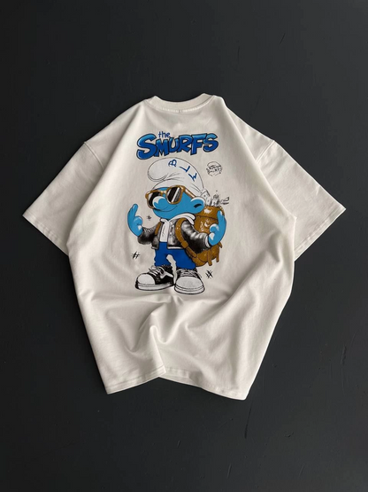Front and Back Printed Oversized Crew Neck T-Shirt - White