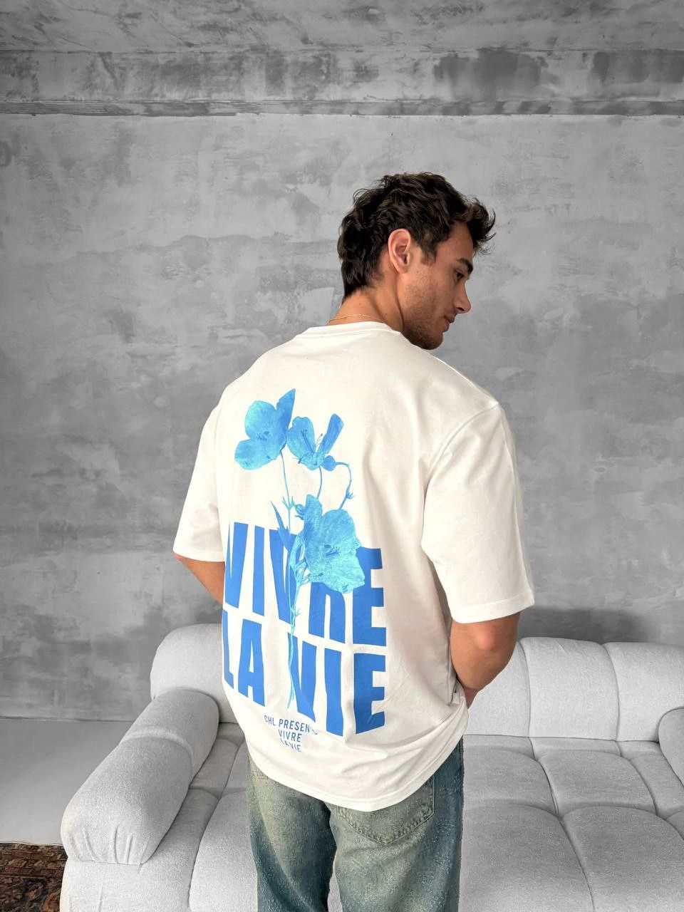 Front and Back Printed Oversized Crew Neck T-Shirt - White