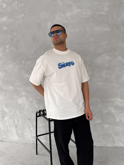 Front and Back Printed Oversized Crew Neck T-Shirt - White