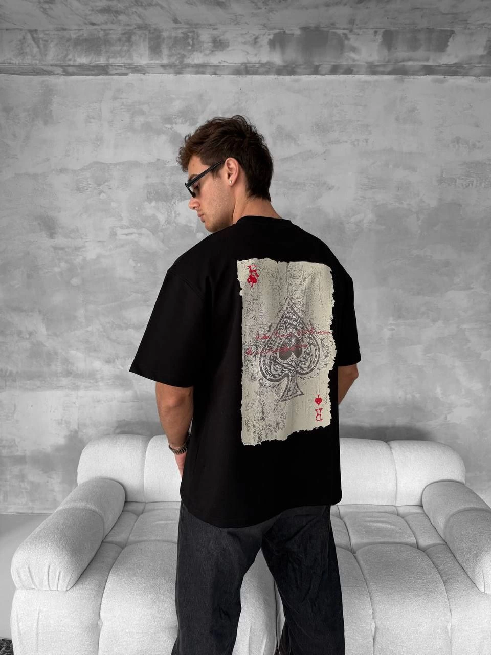Front and Back Printed Oversized Crew Neck T-Shirt - Black
