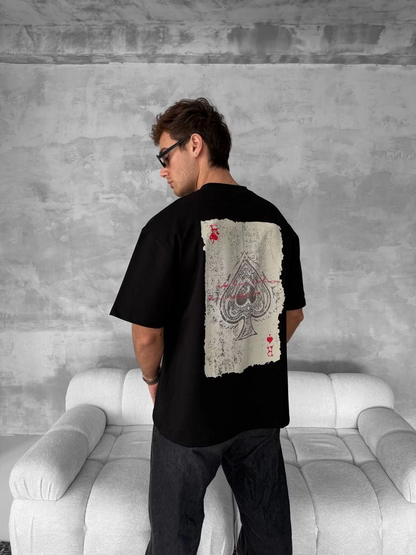 Front and Back Printed Oversized Crew Neck T-Shirt - Black