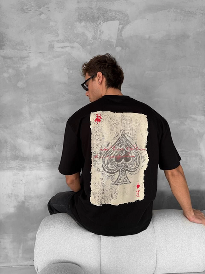 Front and Back Printed Oversized Crew Neck T-Shirt - Black
