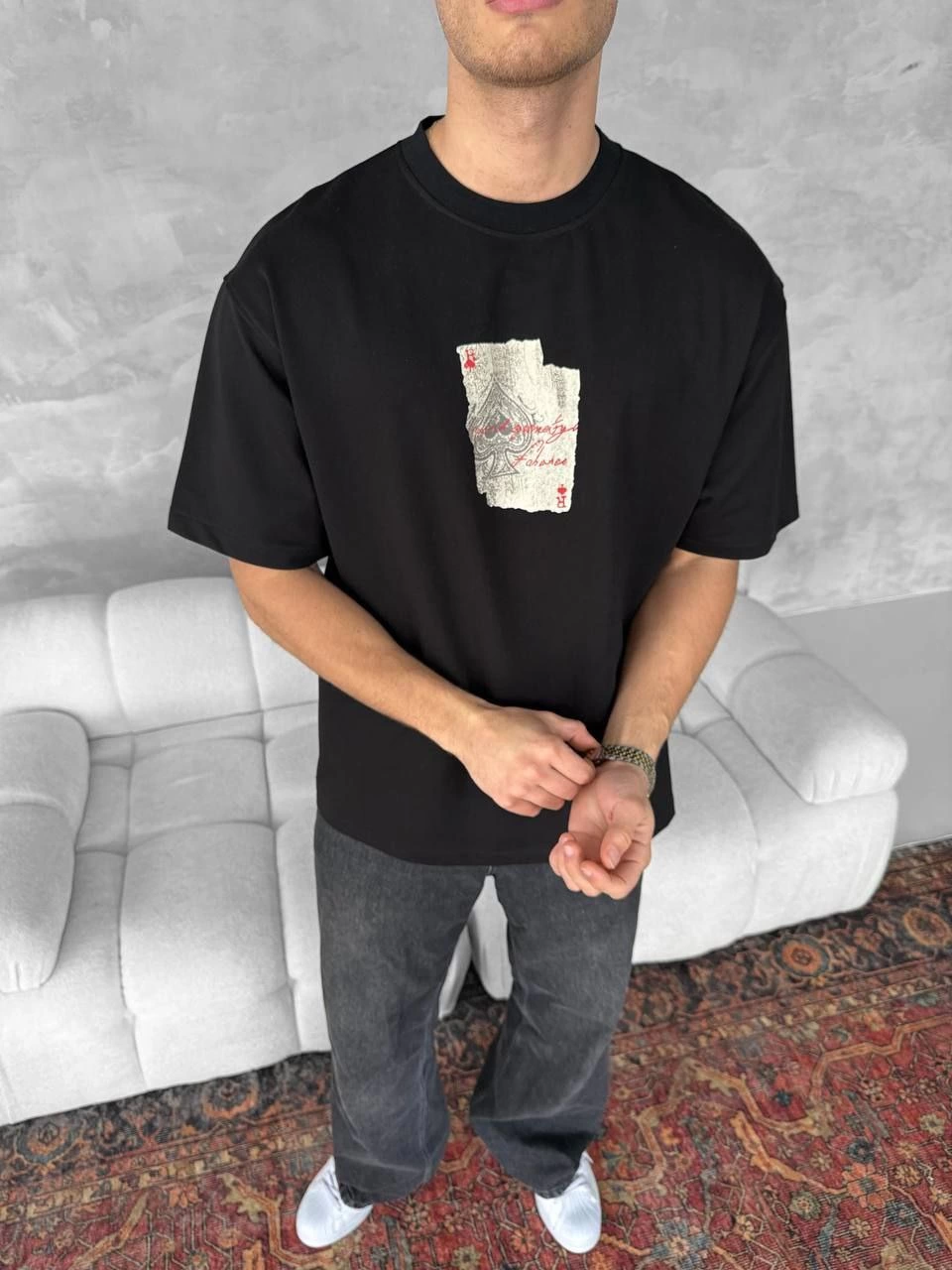 Front and Back Printed Oversized Crew Neck T-Shirt - Black