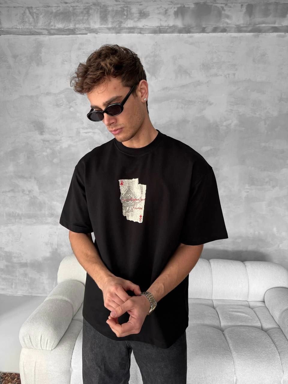 Front and Back Printed Oversized Crew Neck T-Shirt - Black