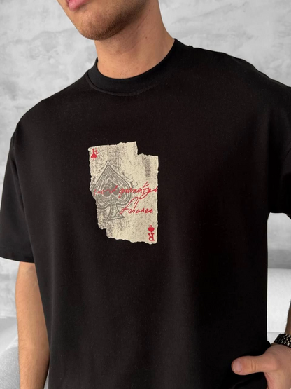 Front and Back Printed Oversized Crew Neck T-Shirt - Black