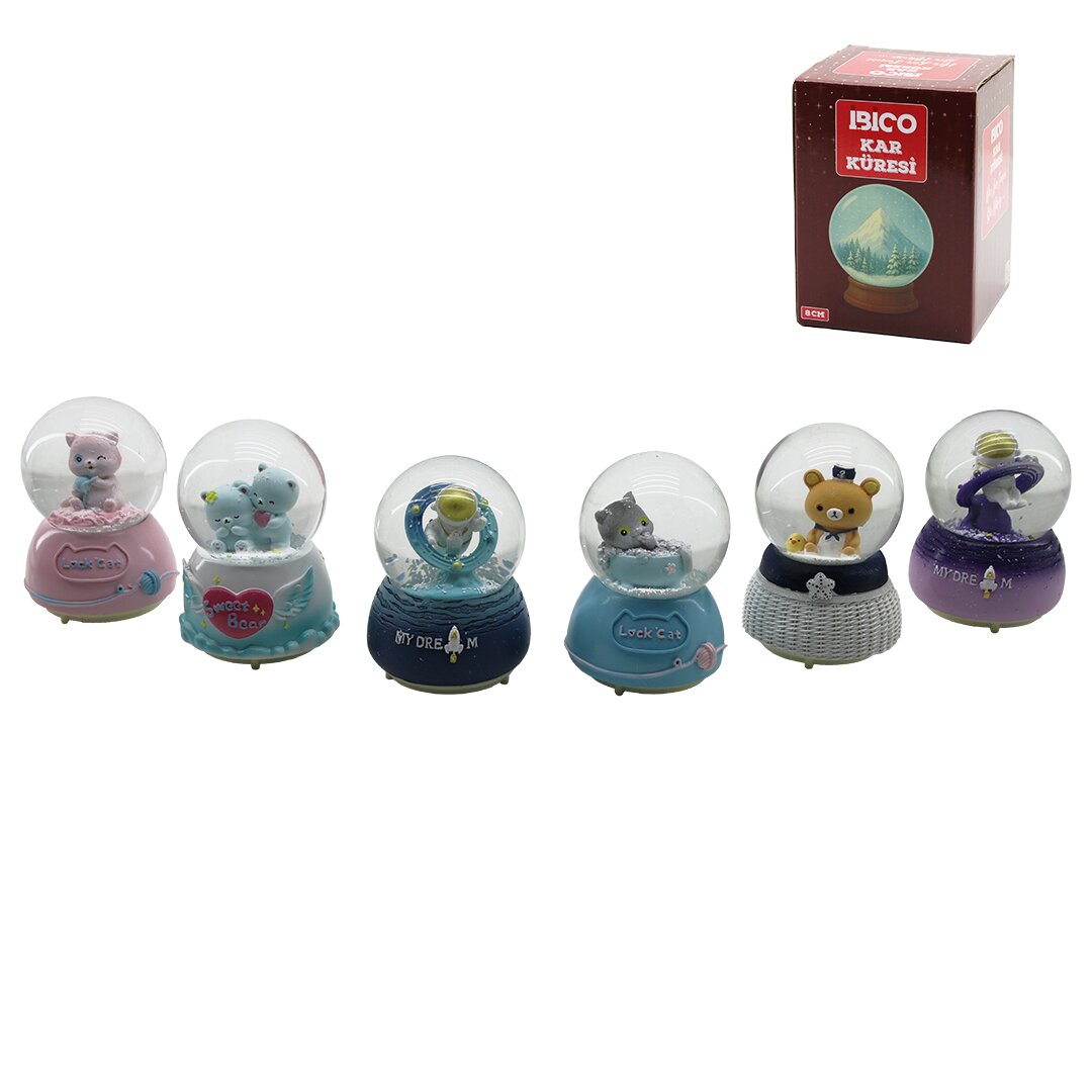 ORTA BOY - 8CM PİLLİ - IŞIKLI MÜZİKLİ KAR KÜRESİ CAM HAYVAN FİGÜRLÜ - DESEN MİX RENKLİ HERHANGİ BİR TANESİ GÖNDERİLİR (5347)
