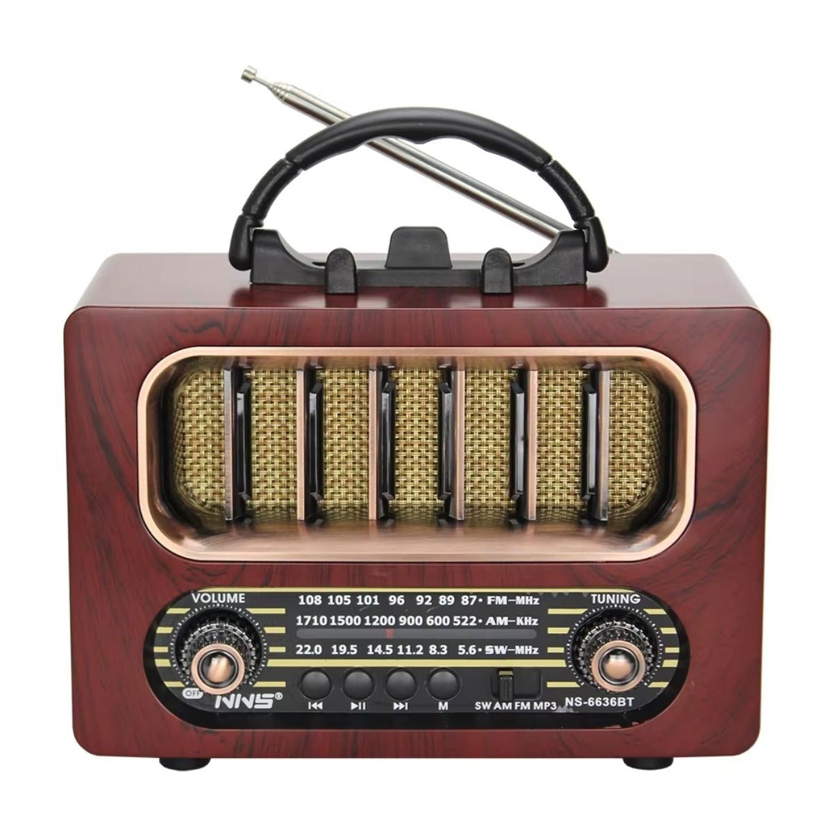 راديو ريترو خشبي بتصميم متوسط الحجم ومزود بتقنية البلوتوث - يدعم موجات FM/AM، قابل لإعادة الشحن والنقل NS-6636 (5347)