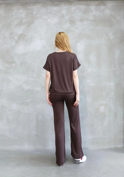 Osy Modal Soft Fabric Crew Neck Short Sleeve Set - Brown