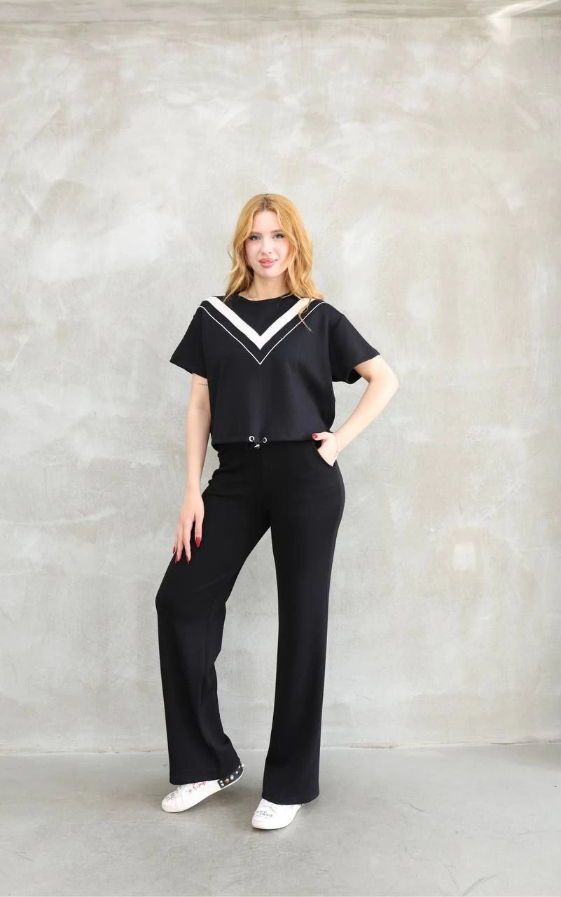 Osy Modal Soft Fabric Crew Neck Set with Patchwork Detail, Short Sleeves - Black