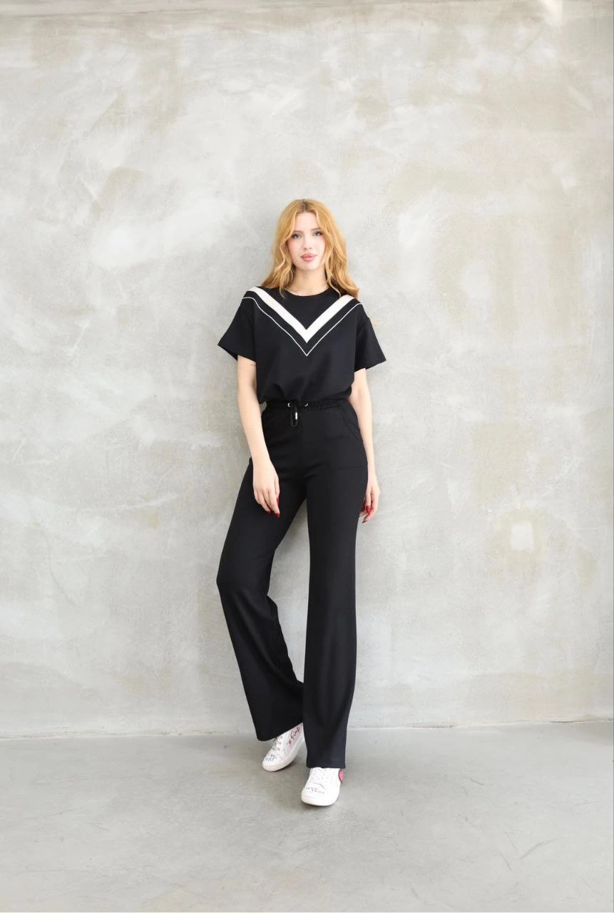 Osy Modal Soft Fabric Crew Neck Set with Patchwork Detail, Short Sleeves - Black