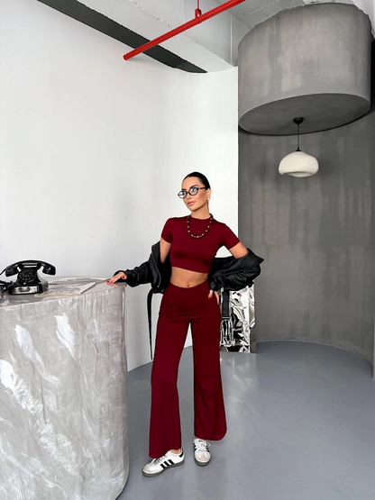 Osy Modal Soft Fabric Short Sleeve Crop Top and Spanish Leg Pants Two-Piece Set - Burgundy