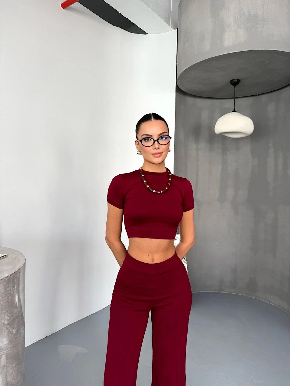 Osy Modal Soft Fabric Short Sleeve Crop Top and Spanish Leg Pants Two-Piece Set - Burgundy