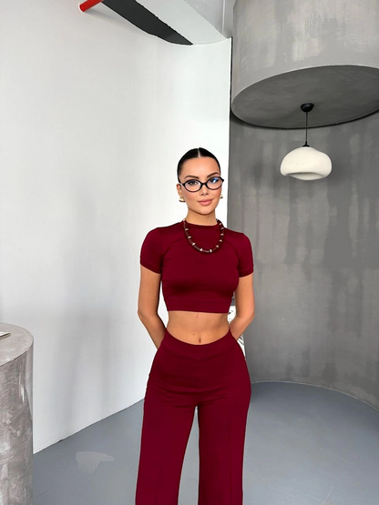 Osy Modal Soft Fabric Short Sleeve Crop Top and Spanish Leg Pants Two-Piece Set - Burgundy