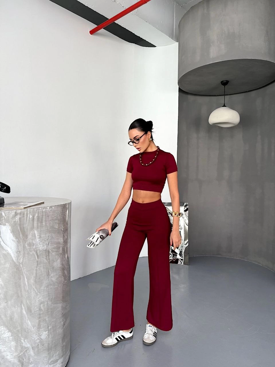 Osy Modal Soft Fabric Short Sleeve Crop Top and Spanish Leg Pants Two-Piece Set - Burgundy
