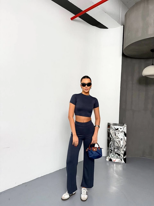 Osy Modal Yumuşak Dokulu Kumaş Kısa Kollu Crop Alt ispanyol Paça Pantalon ikili Takım - Füme
