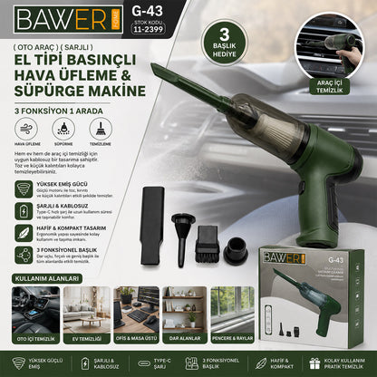 OTO ARAÇ SARJLI EL TİPİ BASINÇLI HAVA ÜFLEME - SÜPÜRGE MAKİNE 3 BAŞLIK G-43 (5347)