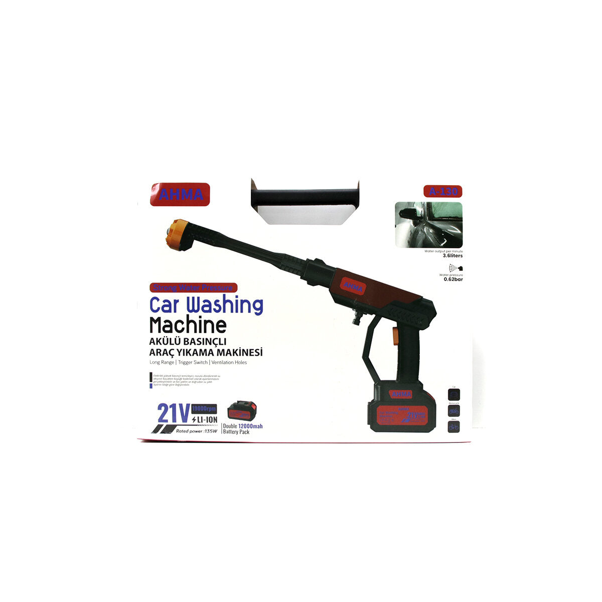 OTO - ARAÇ YIKAMA MAKİNESİ ŞARJLI - YEDEK BATARYALI 135W - 19000 RPM 12000 mAh - 21V 0.62bar A-130 (5347)