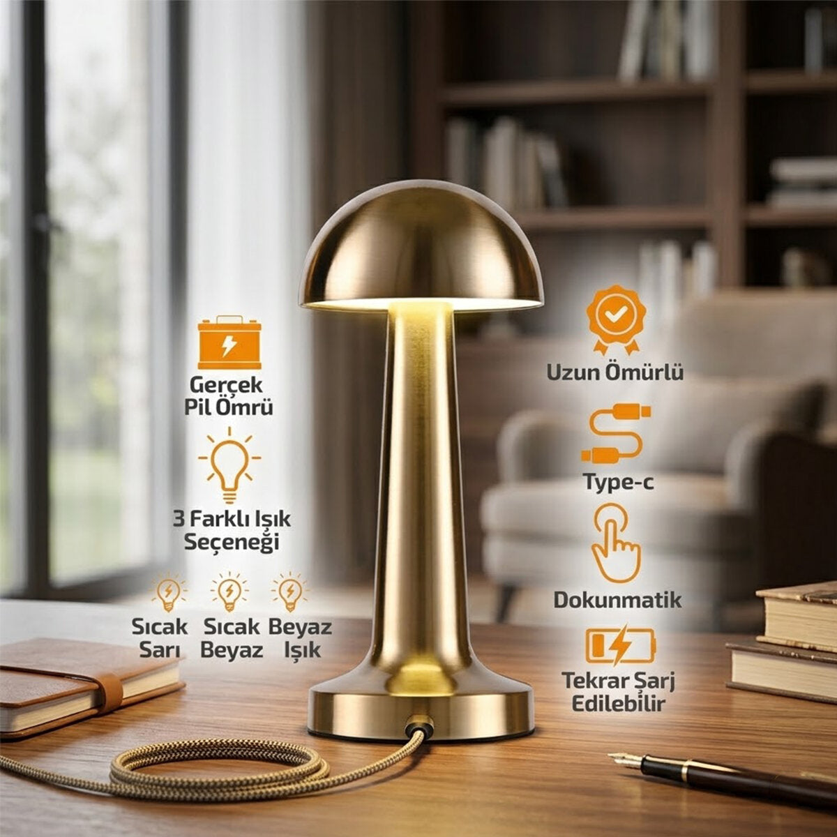OVAL - METAL MANTAR MASA LAMBASI DOKUNMATİK - RENKLİ TYPE-C ŞARJLI 3 FONKSİYONLU YL86-1231 (5347)