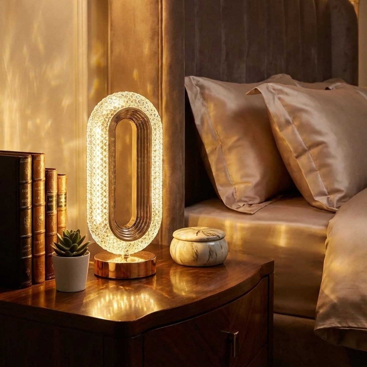 Oval Şeklinde Kristal LED Masa Lambası - Dokunmatik, 3 Renk Işık Modlu, Şarjlı Dekoratif Gece Lambası (5347)